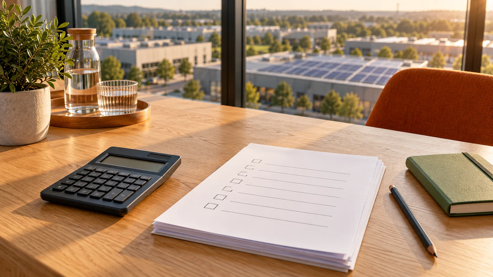 Symbolbild: Unterlagen und Rechner für eine Energieberatung mit Blick auf Gewerbedächer